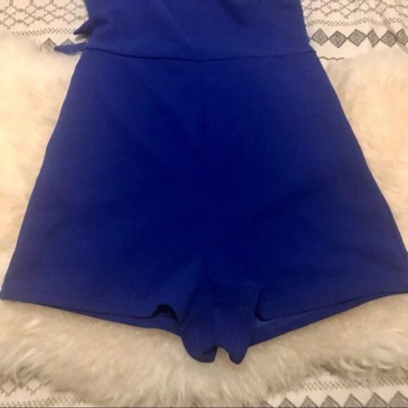 Women's Bright Blue Asymmetrical Sleeveless 90's Style Y2K High-Waisted Romper. - Picture 4 of 10